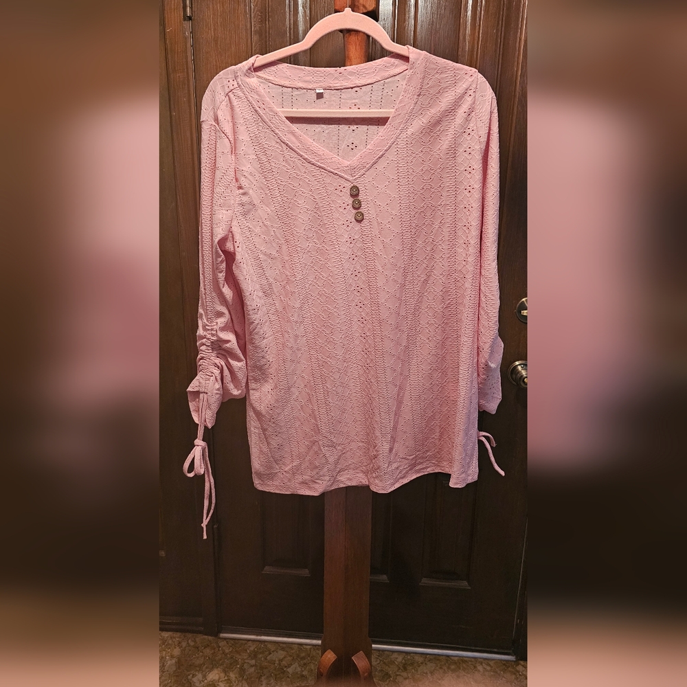 Women’s Pink V-Neck Long Sleeve Top with Button Detail